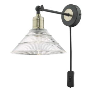 Boyd Single Wall Light Antique Brass and Matt Black With Ribbed Glass Shade Plug In